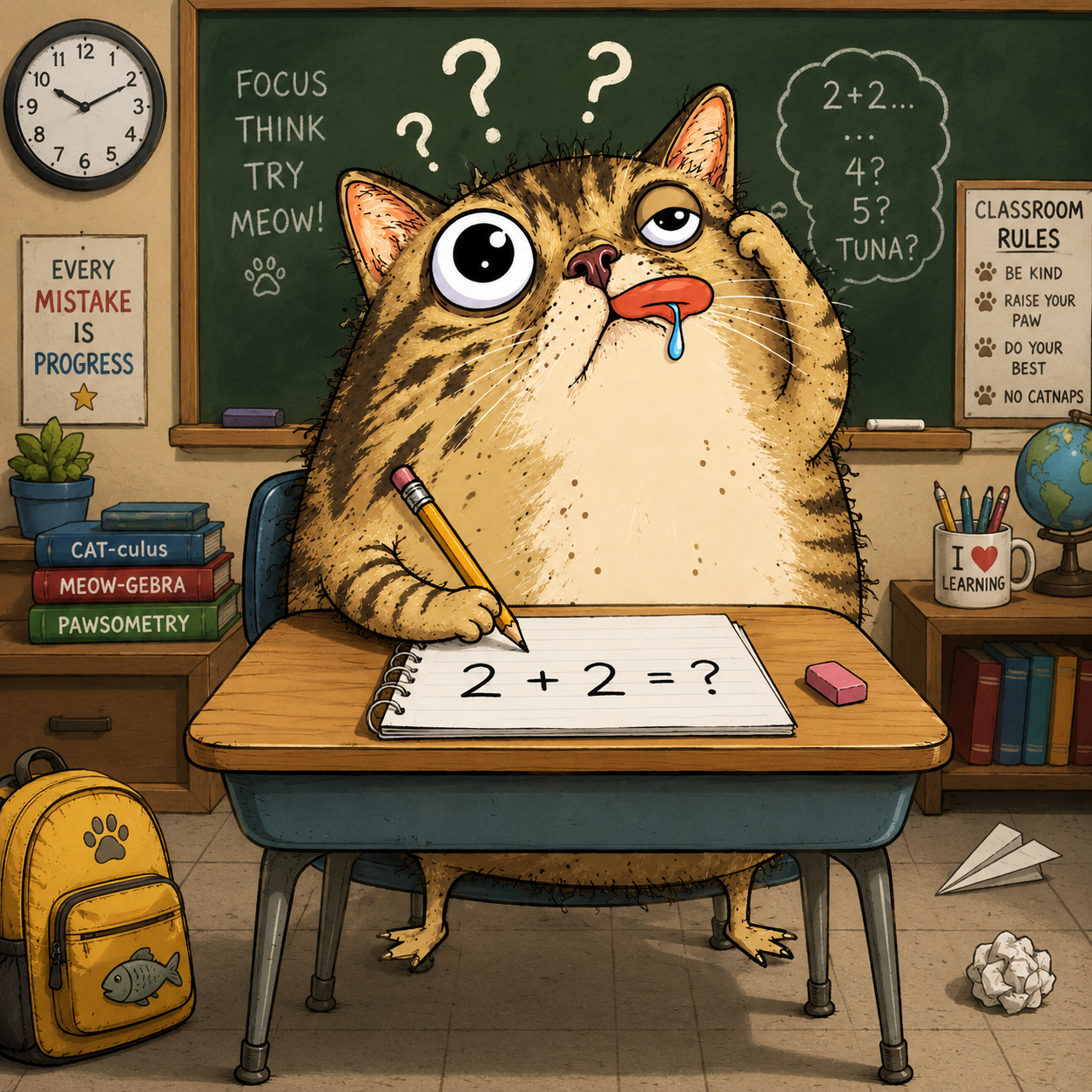 Catestacio sitting at a school desk staring at a notebook that says 2 + 2 = ?