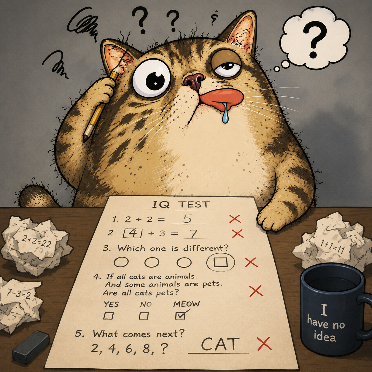 Catestacio holding a pencil over an IQ test where every single answer is marked wrong