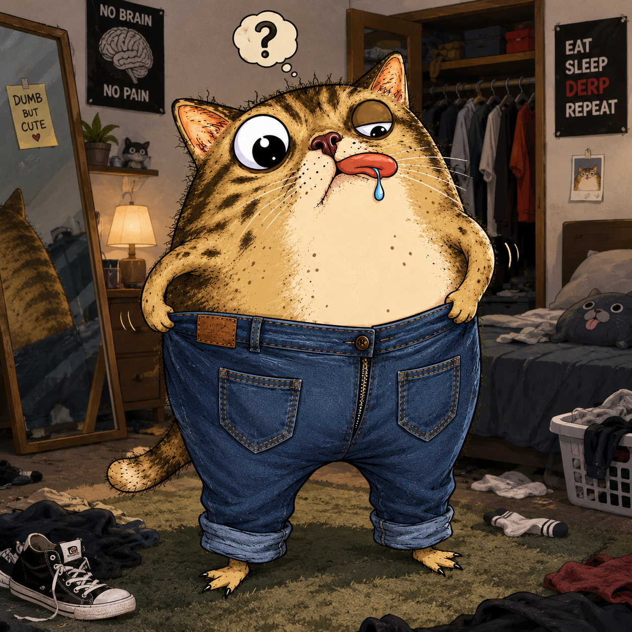 Catestacio in a messy bedroom trying to pull on a pair of jeans that do not fit