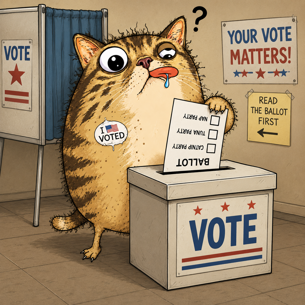 Catestacio dropping an upside down ballot into a voting box while wearing an I Voted sticker